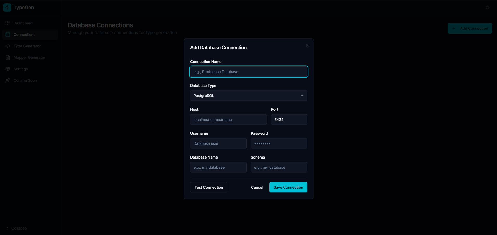 Add database connection screen