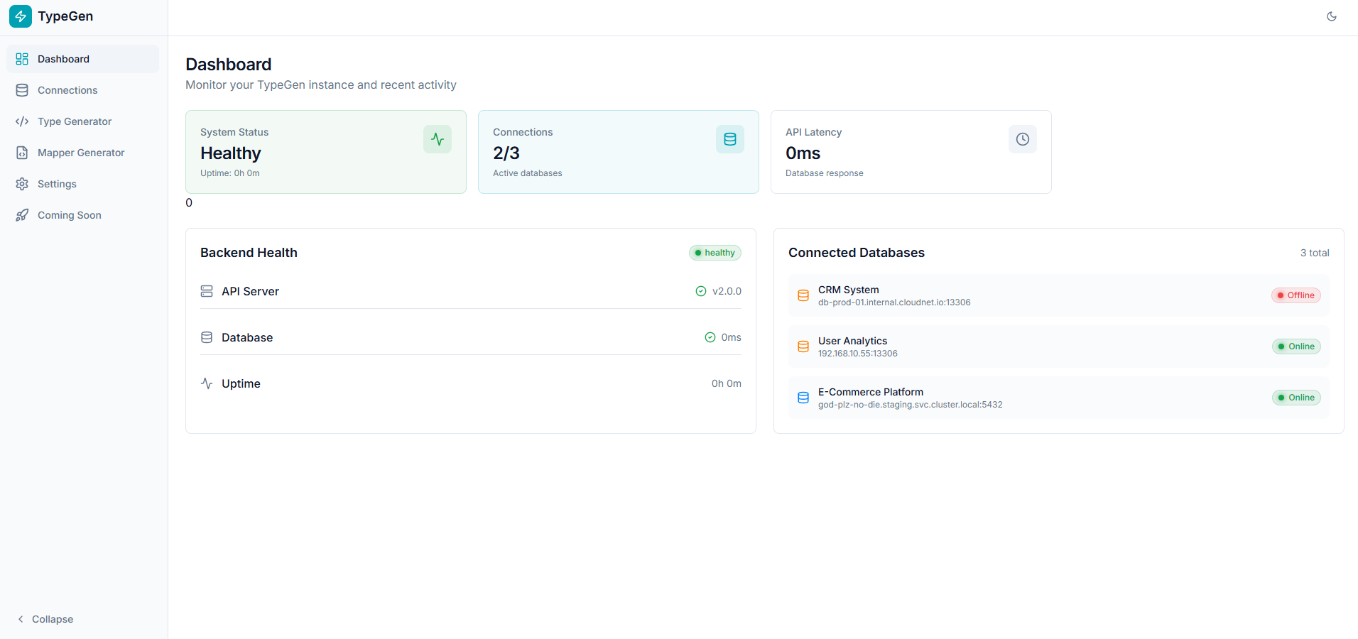 Typegen UI dashboard overview