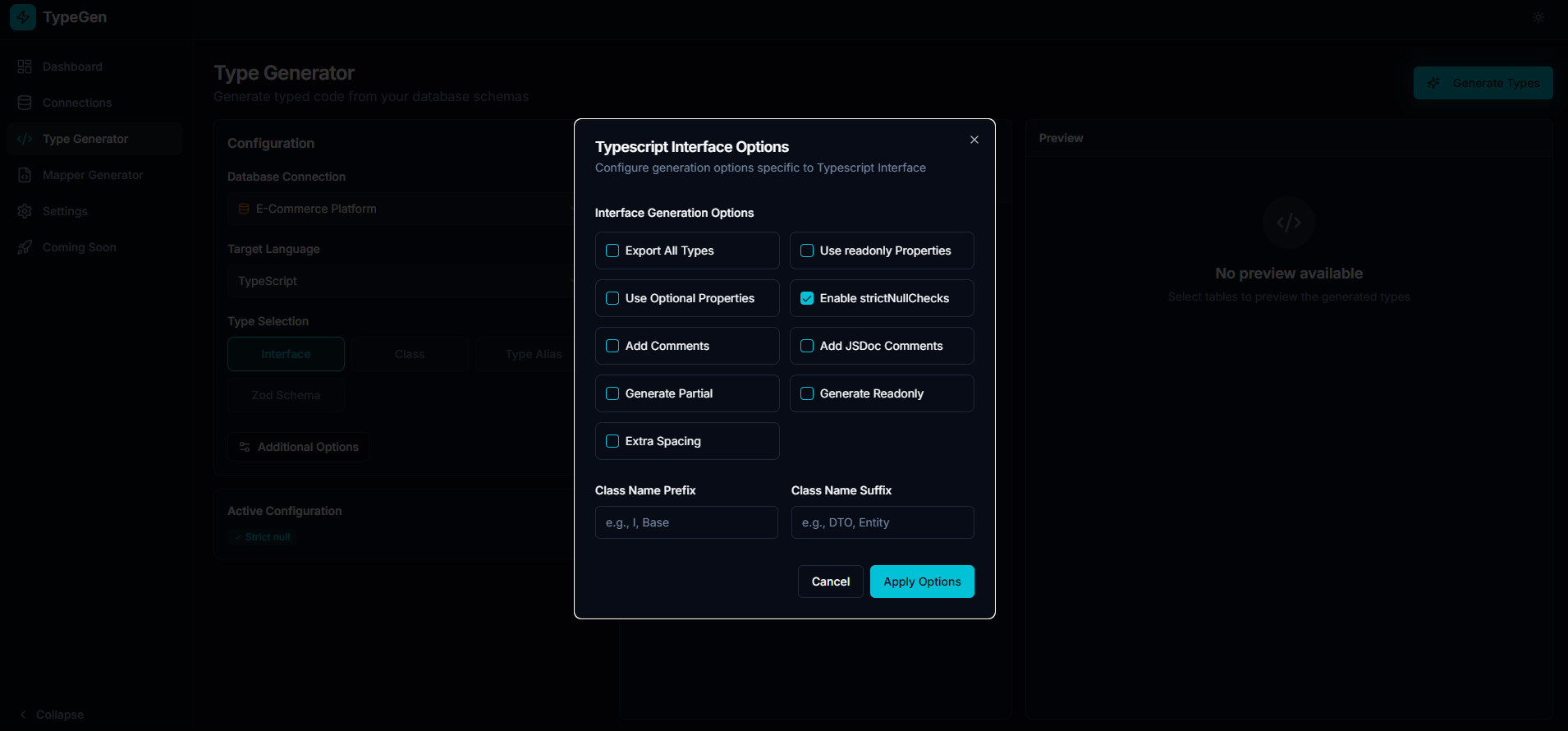 Java generation options screen