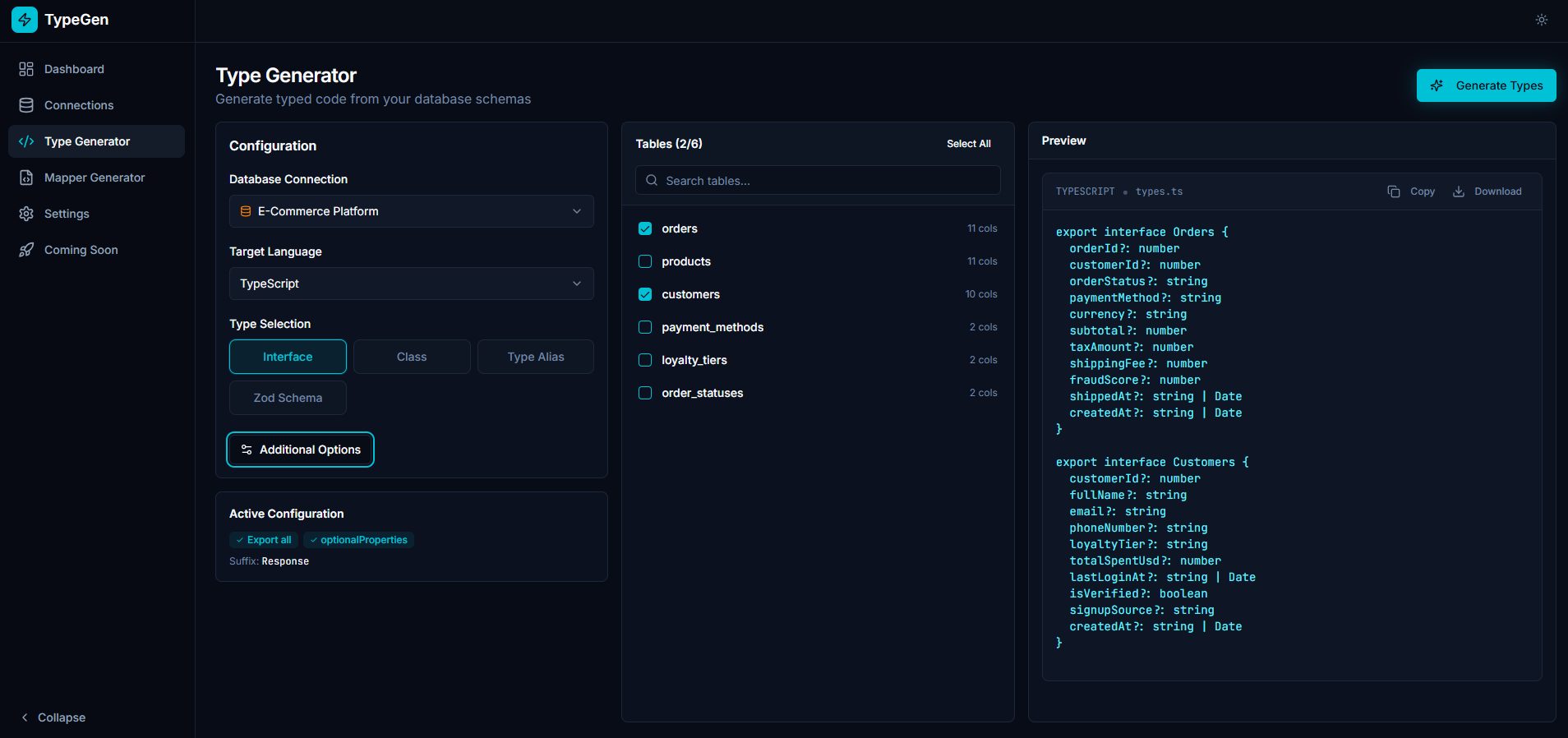 Type generator configuration screen